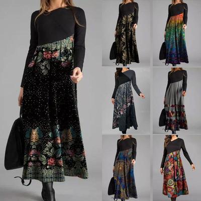 Top negru cu mânecă lungă pentru femei cu rochie maxi cu fustă imprimată, model geometric floral boem, opțiuni de culori multiple