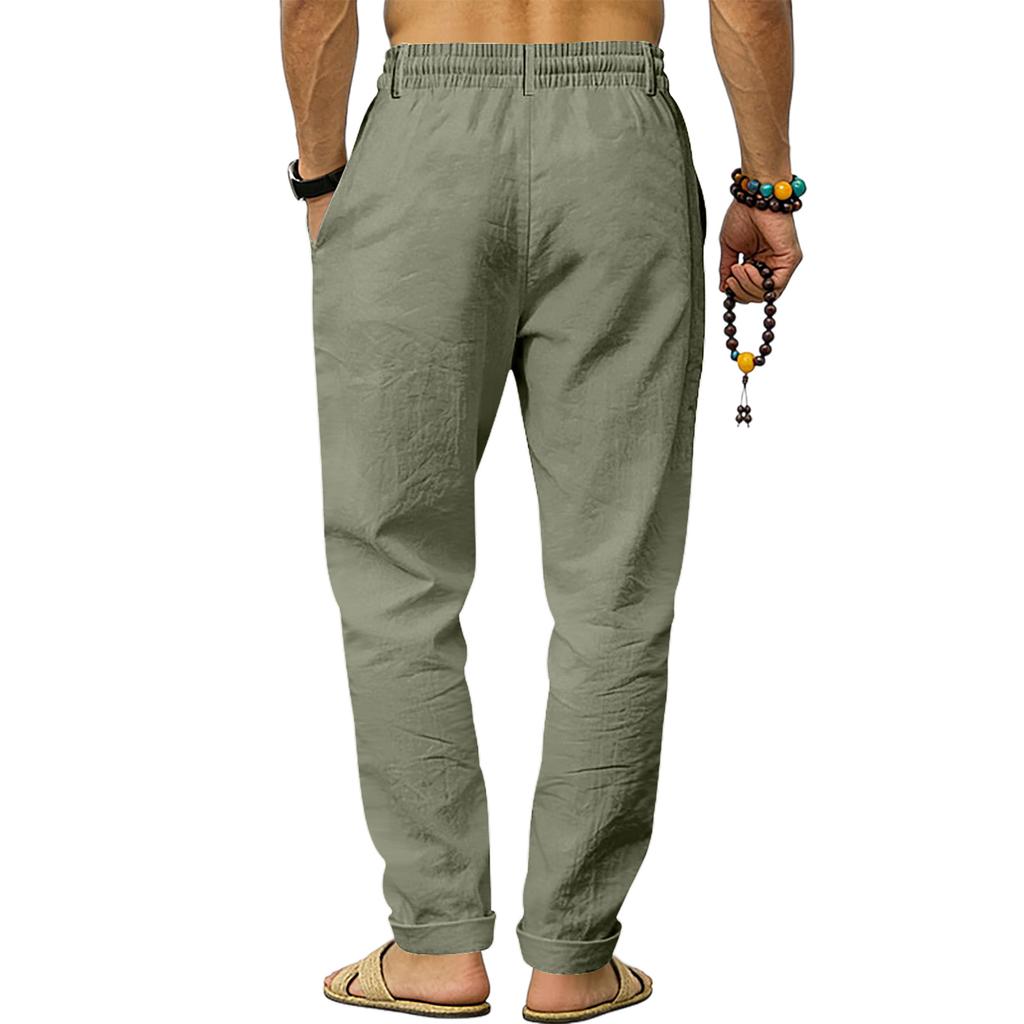 Men's Linen  Loose Fit For Sports  Ideal For Vacation And Commuting  Straight Leg With Drawstring  Long Pants