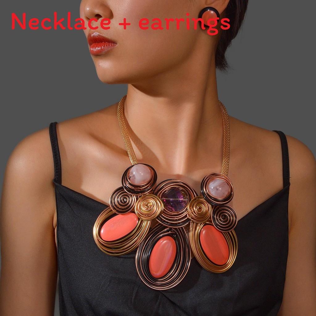 Geometric Exaggerated Crystal Jewelry Set With Alloy Necklace Earrings For Style Youth