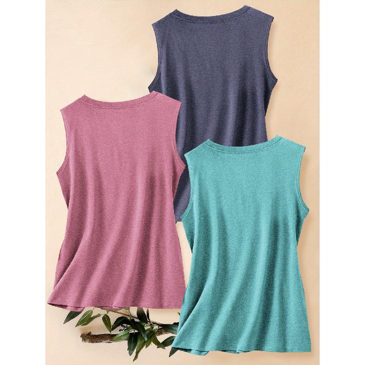 Three-piece Set of Women's Casual Sporty Tops with Landscape, Tree, Sun, and Mountain Peak Prints In a Fashionable Retro Style, Round-neck Tank Tops