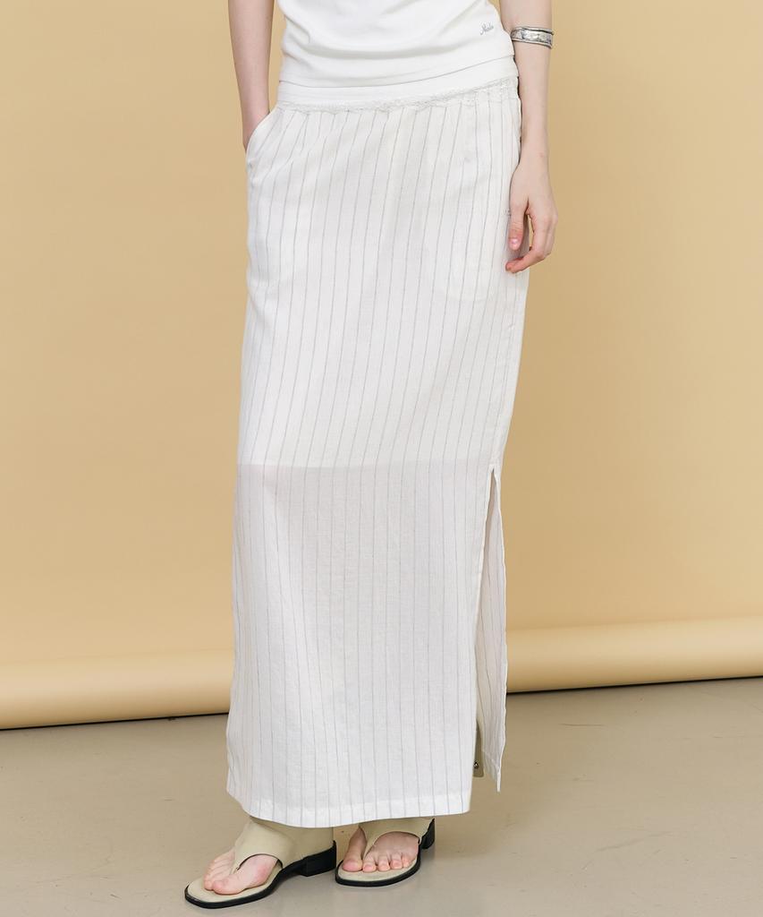 Nigaennikol Linen Stripe Long Skirt_Ivory