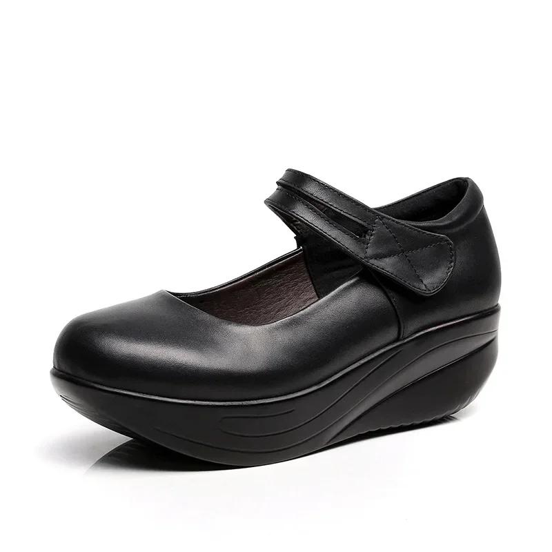 

5.5cm Small Size 33-43 All Match Shallow Mouth Soft Leather Mary Janes 2025 Spring Fall Med Heels Platform Wedges Shoes for Mom 33