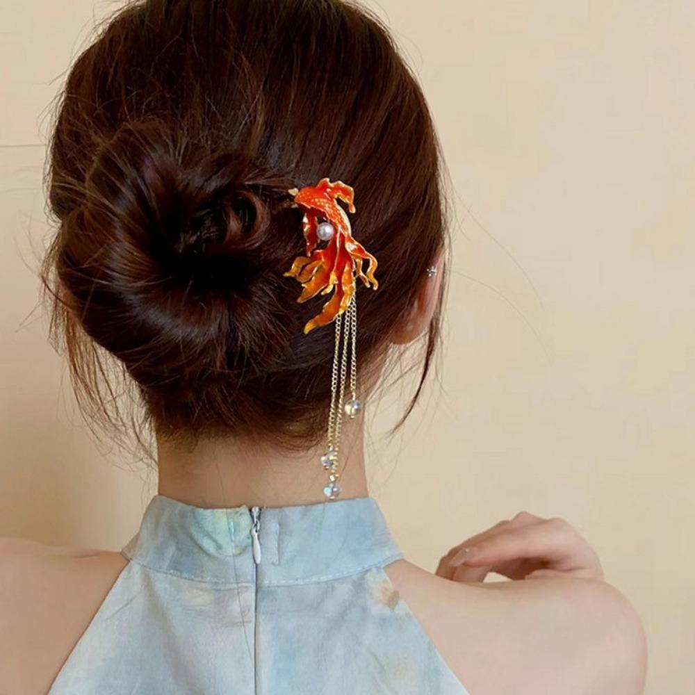Chinese Style Metal Red Fish U-Shape Hair Sticks for Women Vintage Tassel Beads Hair Forks Hanfu Wedding Party Hair Accessories