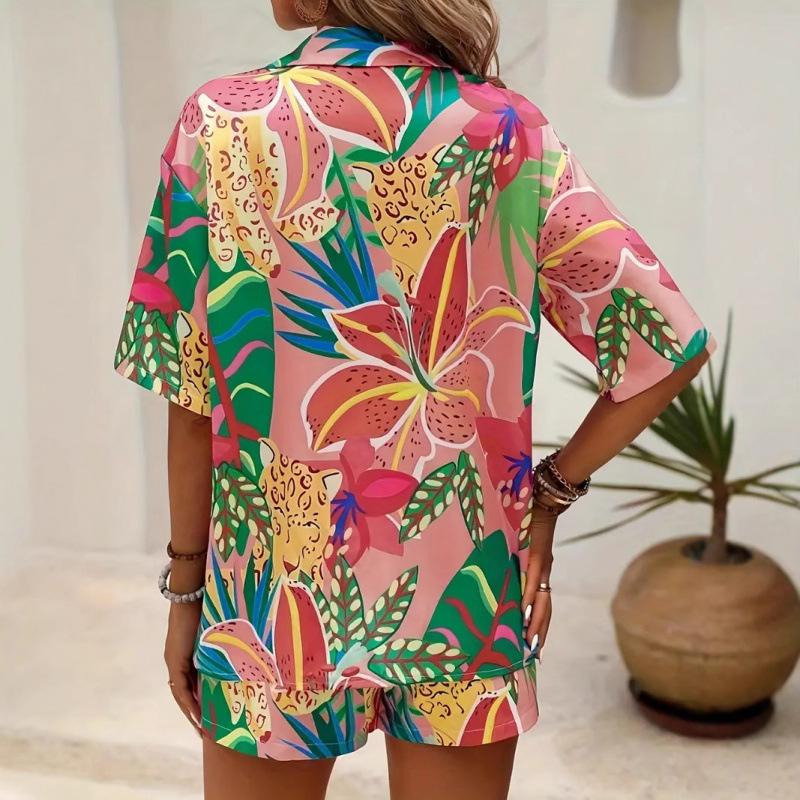 European and American new European women's Hawaiian style short-sleeved shirt and shorts set