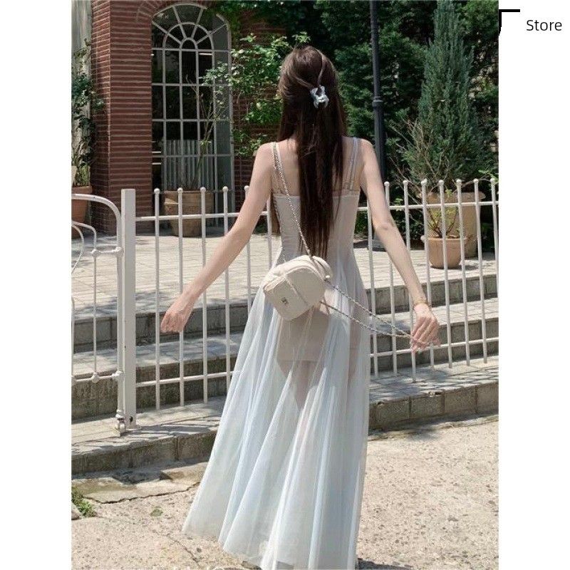 White Water Mermaid Princess Dress, Mint Green Mesh Dress, Atmospheric Waist-Cinching Style, Elegant American Sweet and Spicy Long Dress