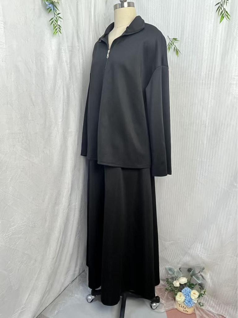 2025 Women's Casual Loose Drapey Half-Zip Top & Skirt Two-Piece Set