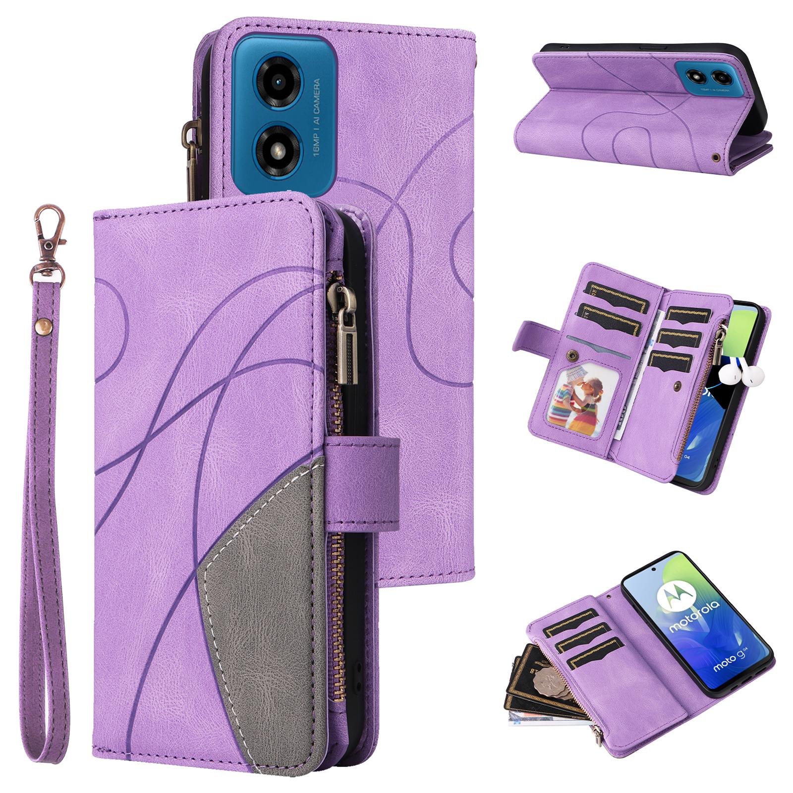 

For Motorola Moto G04 4G/G24 4G/G04s 4G/E14 4G Leather Case with Strap Zipper 9 Card Slot Phone Cover Stand Light Purple