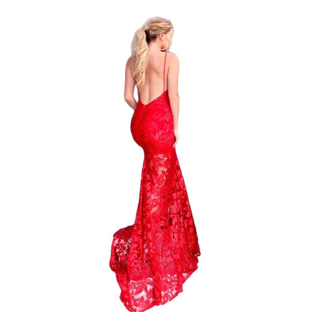 Europäisches & Amerikanisches Sexy Spaghetti-Träger Mesh Stickerei Rückenfreies Abendkleid für Damen