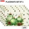 Set of 4/6 Christmas-Themed Placemats Featuring Green Christmas Balls, Pine Cones, And Pine Branch Designs, Suitable for Holiday Table Decoration, Chr