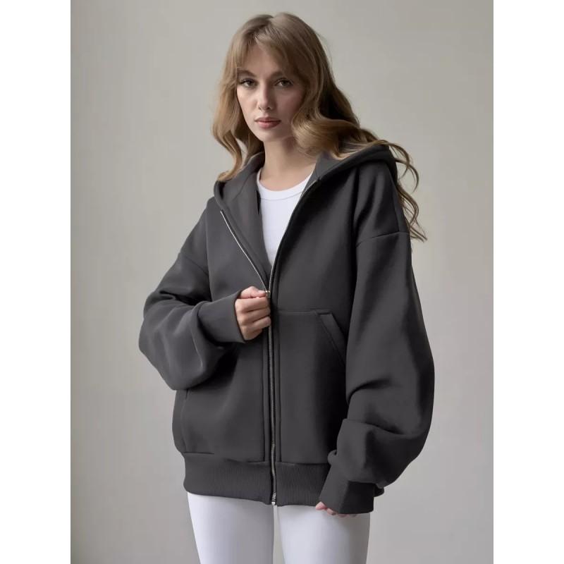 Womens Solid Color Long Sleeve Zip Up Hooded Sweatshirt Loose Fit Casual Streetwear