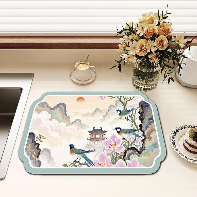 Chinese-Style Irregular Flower & Bird Diatom Mud Coffee Mat: Stain-Resistant, Easy-Clean, Non-Slip Kitchen Draining Mat