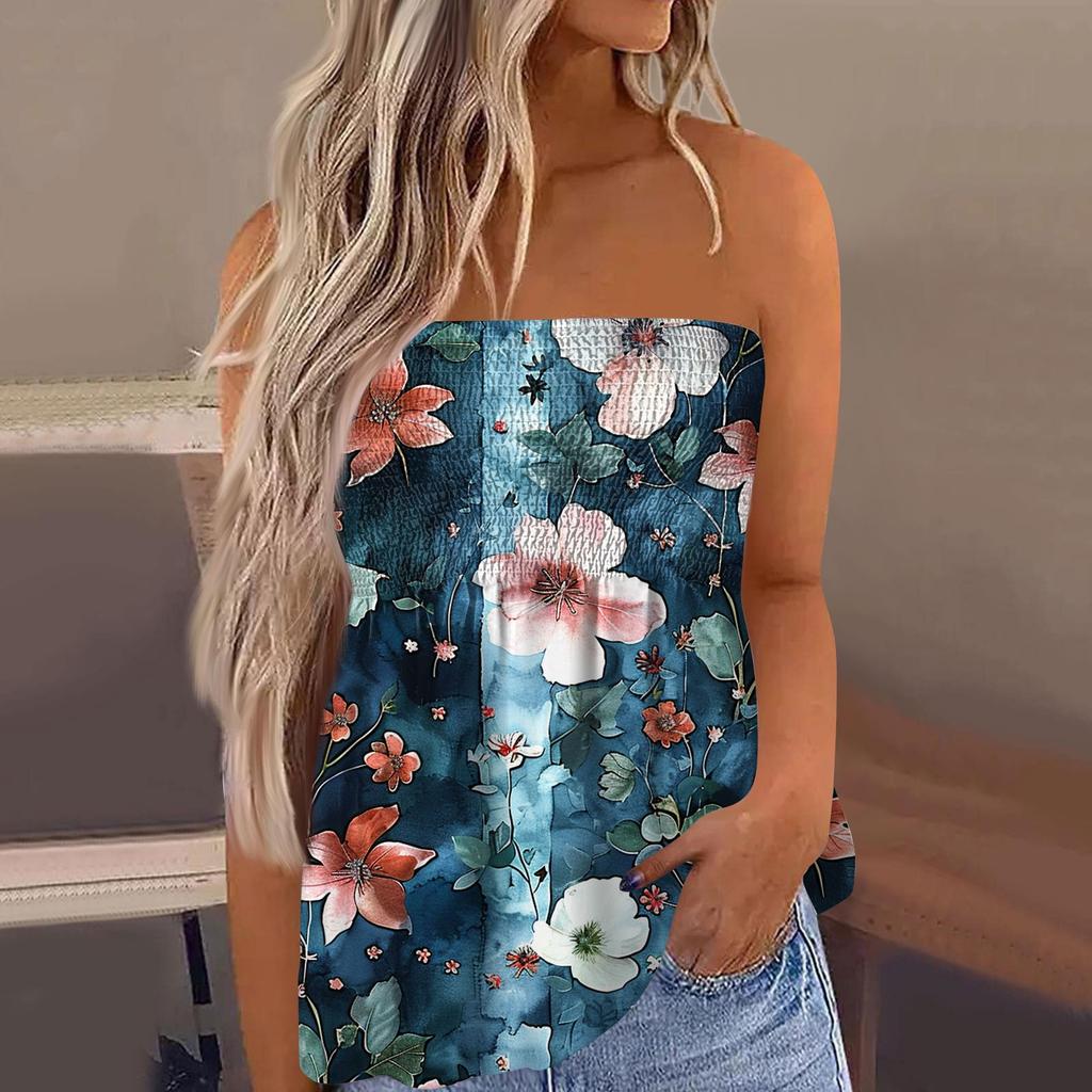2024 Tube-Tops für Damen, süßes, sexy, schulterfreies, ärmelloses T-Shirt mit Blumendruck