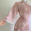 2025 New Pink Jacquard Satin Cheongsam with Large Sleeves - Young Autumn Style