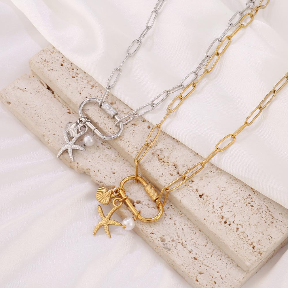 Paperclip Charm Necklace for Women, Gold Chunky Charm Necklaces Starfish Seashell Jewelry Charms Boho Gift Minimalism Metallic Style