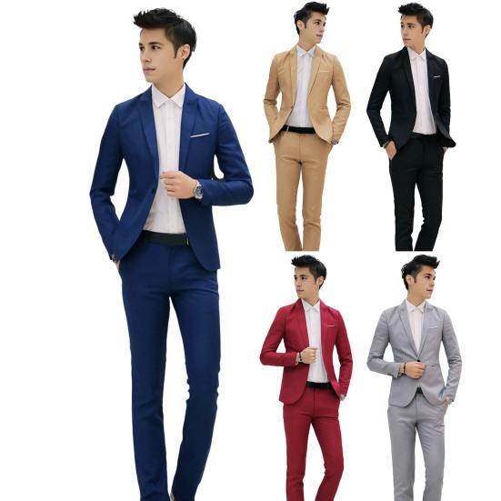 2Pcs/Set Men Slim Fit Suit Set Lapel Long Sleeve Single Button Suit Coat Mid-rise Long Pants Set Solid Color Business Outfit
