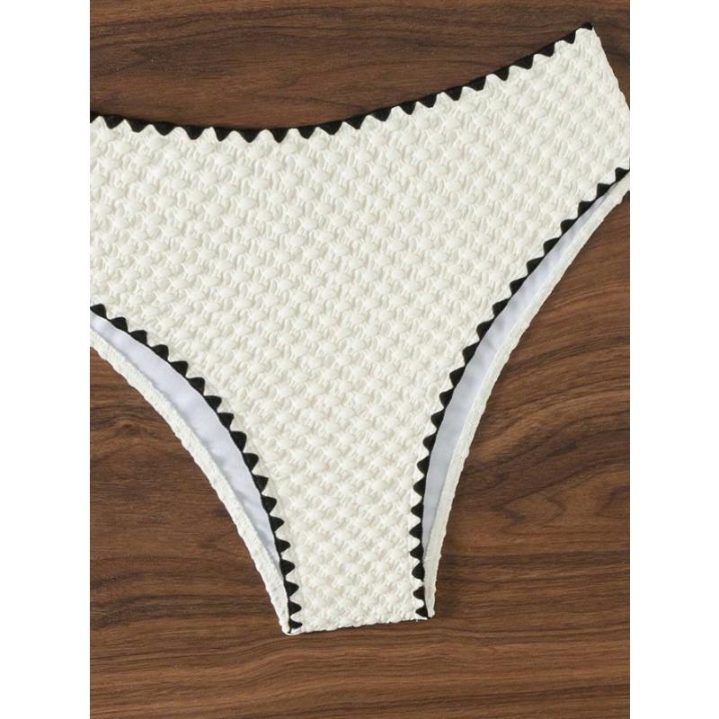 White Textured Bandeau Bikini Set Scalloped Edge High Waist Two Piece Swimsuit