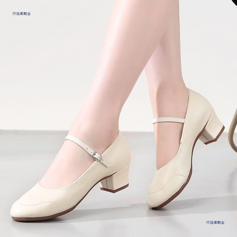 Medium heel dance shoes women's four-season adult red dance shoes silver soft-soled performance square dance shoes women's single shoes
