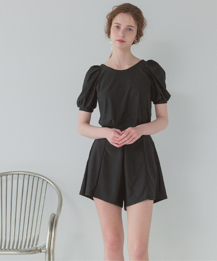 Seedless DFXM0595 Women's Back-Open Puff Sleeve All-in-One Swimsuit, Black, Size Small