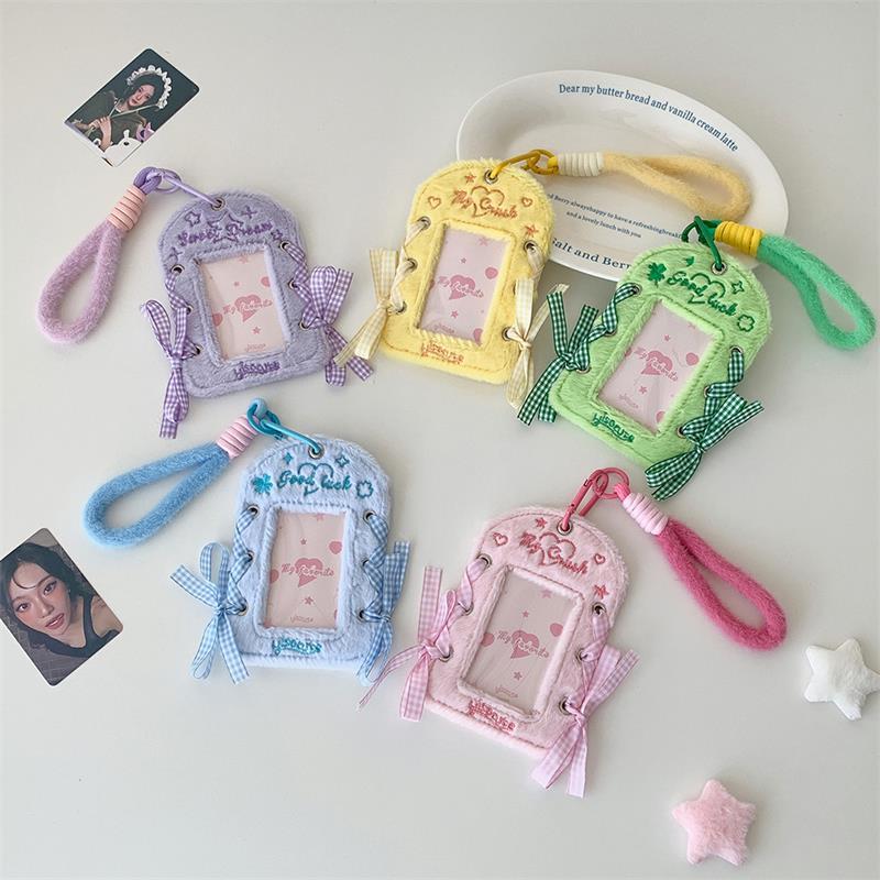 Cute Ballet-Style Ribbon Photocard Holder Plush Card Holder With Lanyard Idol Photo Storage Card Display Protective Pendant Gift
