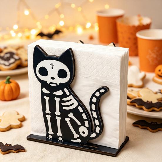 Funny Animal Napkin Storage Halloween Wooden Holder, Skeleton Black Cat Gnome Tissue Rack, Cute Kitchen Counter Accessories Cartoon Tabletop