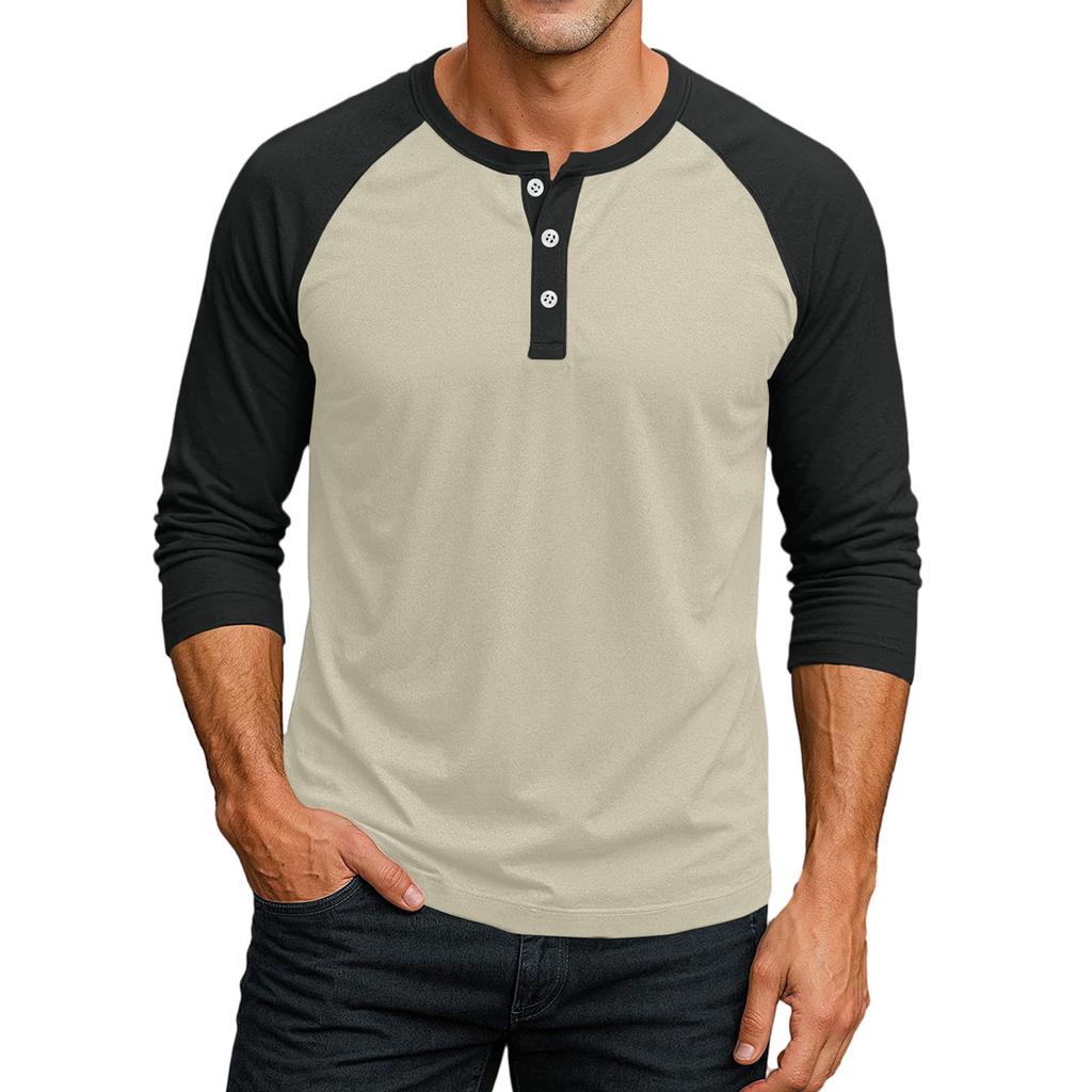 Men Henley Neck Raglan Sleeve Three Quarter Button Down Baseball T Shirt Casual Loose Fit Top for Daily Wear