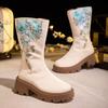 Women Ethnic Style High Top Embroidered Cotton Boots Winter New Round Toe Block Heel Thick Sole Round Toe Zippers Retro Boots