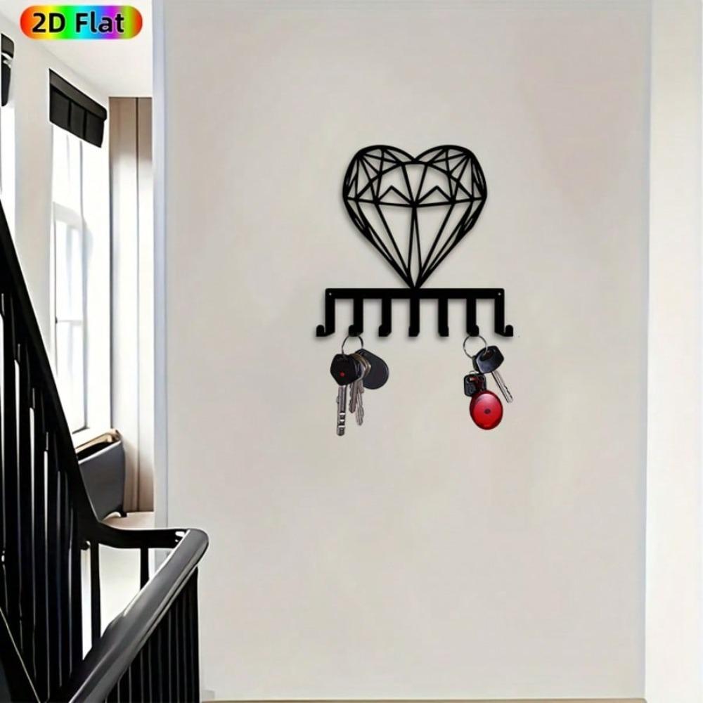 Heart Shape Diamond Key Holder Wall Decor Black Metal 7 Hooks Simple Entryway Valentine Wedding Gift Durable Iron Door Hanger