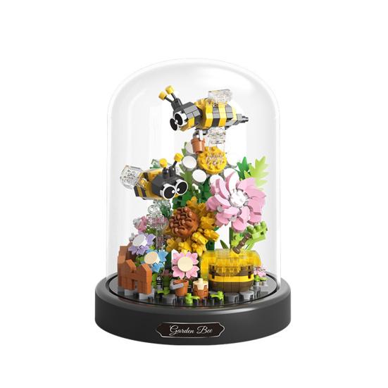 

1 комплект, строительный блок, набор цветов с бабочками и стеклянным пылезащитным чехлом, букет цветов пчелы, строительный кирпич, игрушка, украшение для дома, подарок для детей и взрослых Honeybee