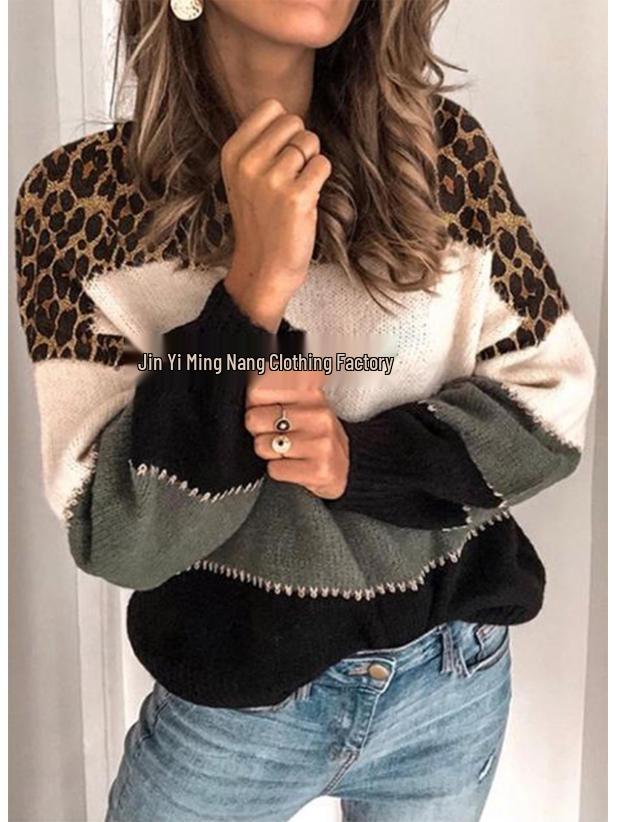 Maglione a blocchi di colore largo con scollo rotondo taglie forti da donna, collezione Primavera 2025, europeo e americano
