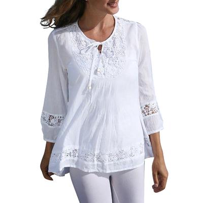 (SU)Women's Fashion Casual Loose Pleated Lace Hollow O-Neck Blouse Top