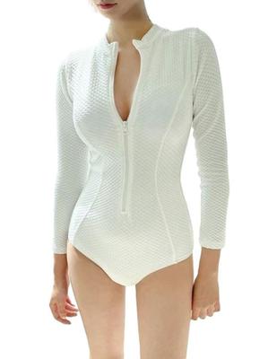 ISLAYCAOLILA Women's Rash Guard One-Piece Swimsuit, Swimdress, Long Sleeve, High-Rise, Padded, Wire-Free, E32 Suhana (L, White)