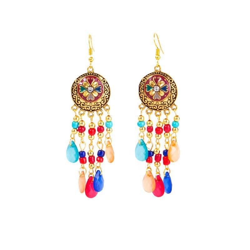 Ethnische Stil Mehrschichtige Wassertropfen Reiskorn Fransenohrringe Damen Bohemian Urlaubsfoto Ohrringe Retro Lange Ohrringe