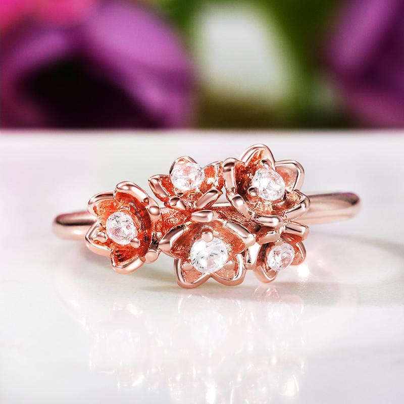 New Delicate Flower Ring Women Rose Gold Color Shiny Cubic Zirconia Party Finger-ring Daily Girl Stylish Jewelry New