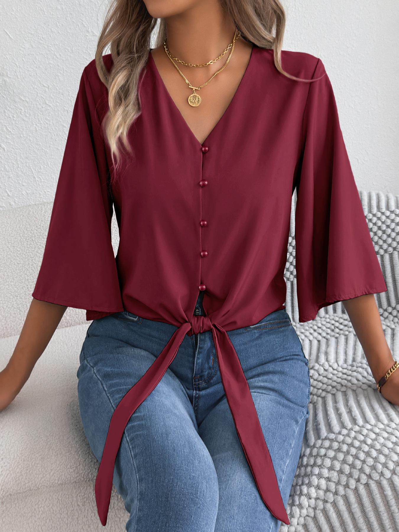 

women s Solid Color V Neck Button Front Tie Knot Flare 3/4 Sleeve Casual Chiffon Blouse Top XL