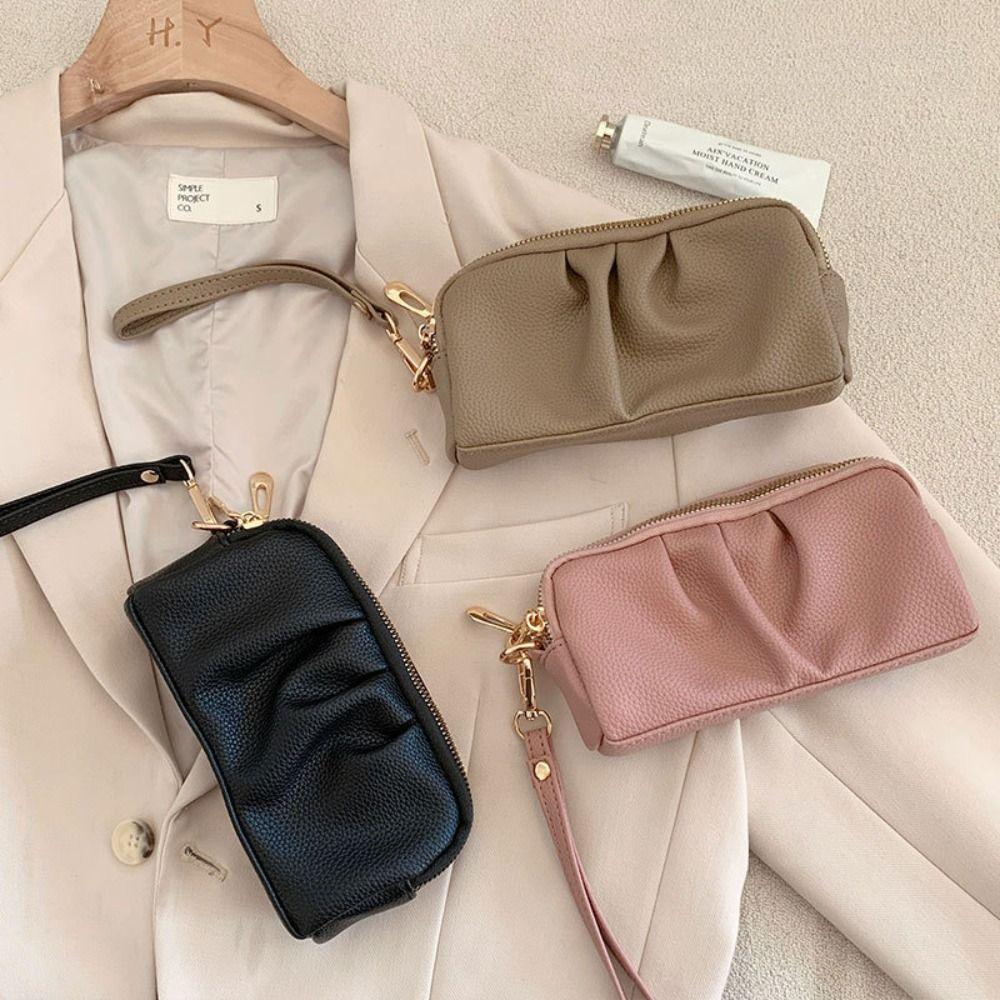 Portable PU Leather Women Long Wallet Double layer Large Capacity Shopping Wrist Bag Zipper Solid Color Handbag