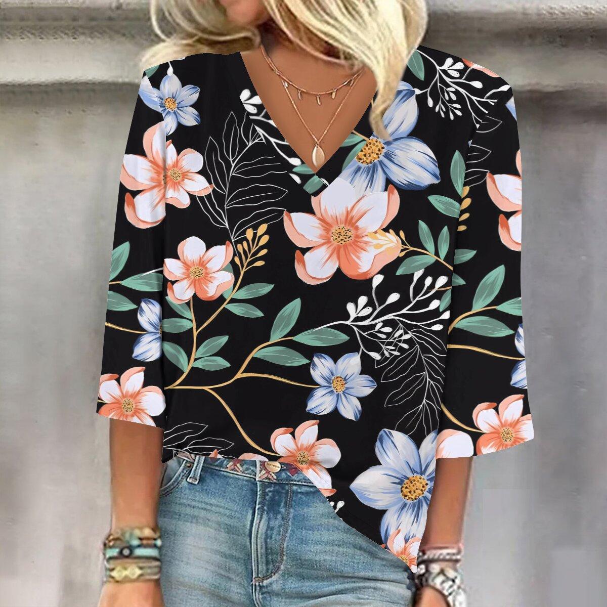 

Весна и осень 2023, новый модный женский повседневный топ с v-образным вырезом и рукавом 3/4 с принтом, размер гной