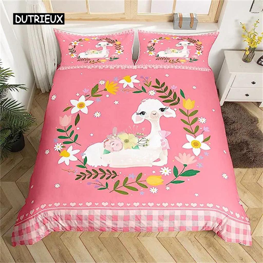 Cartoon Alpaca Duvet Cover Cute Bedding Collection Cartoon Llama Comforter Cover For Boys Girls Teens Animal Theme Bedroom Decor Green
