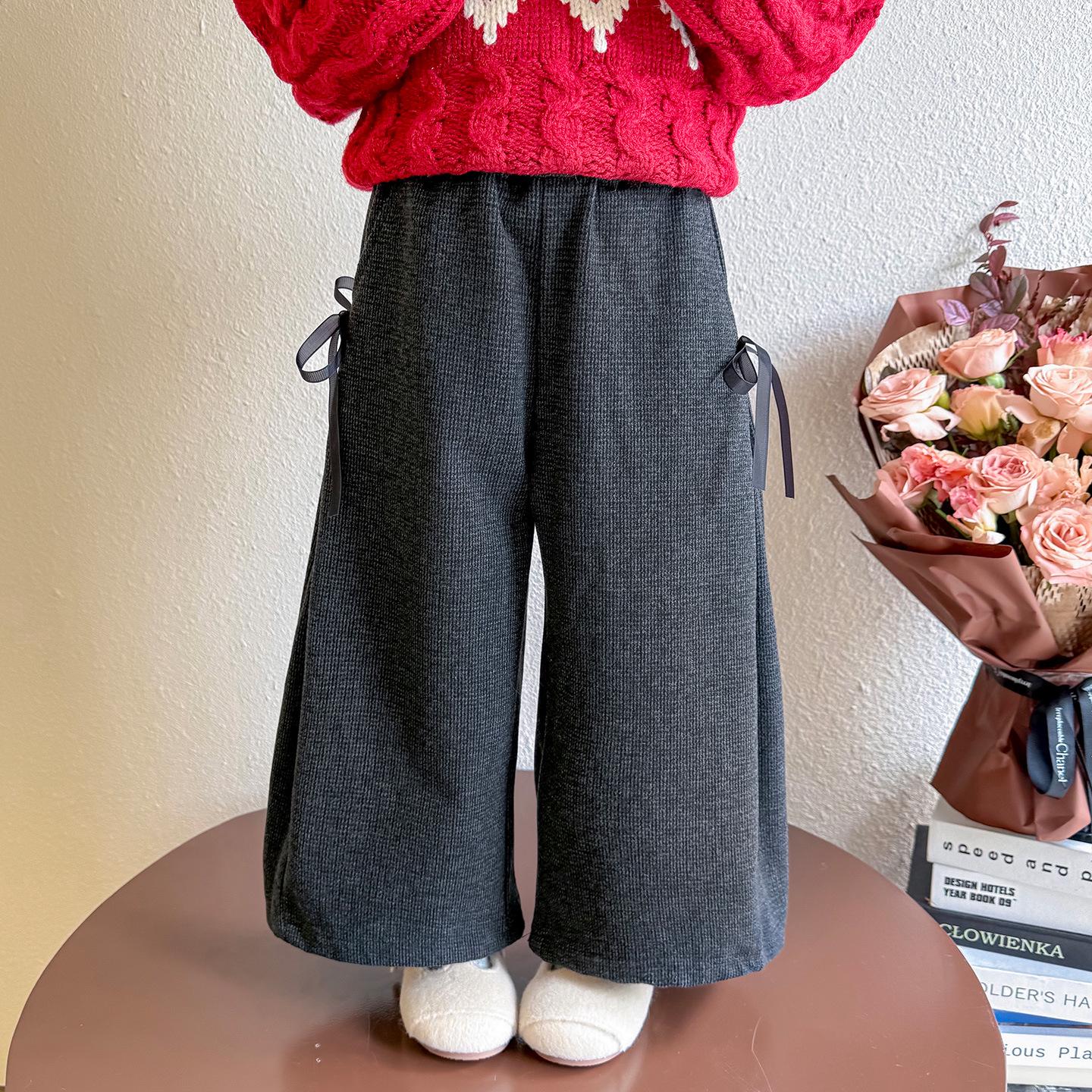 

2025 Новые осенние брюки для девочек с бантом и широкими штанинами в стиле кэжуал - Универсальная и свободная посадка 130 cm темно-серого