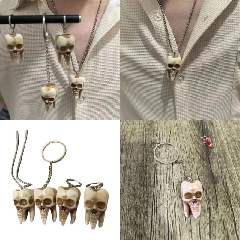 Unisex Skull Accessory Set Skull Necklace Stylish Keychain Drop Earrings Skull Jewelry Set Resin Texture for Halloween