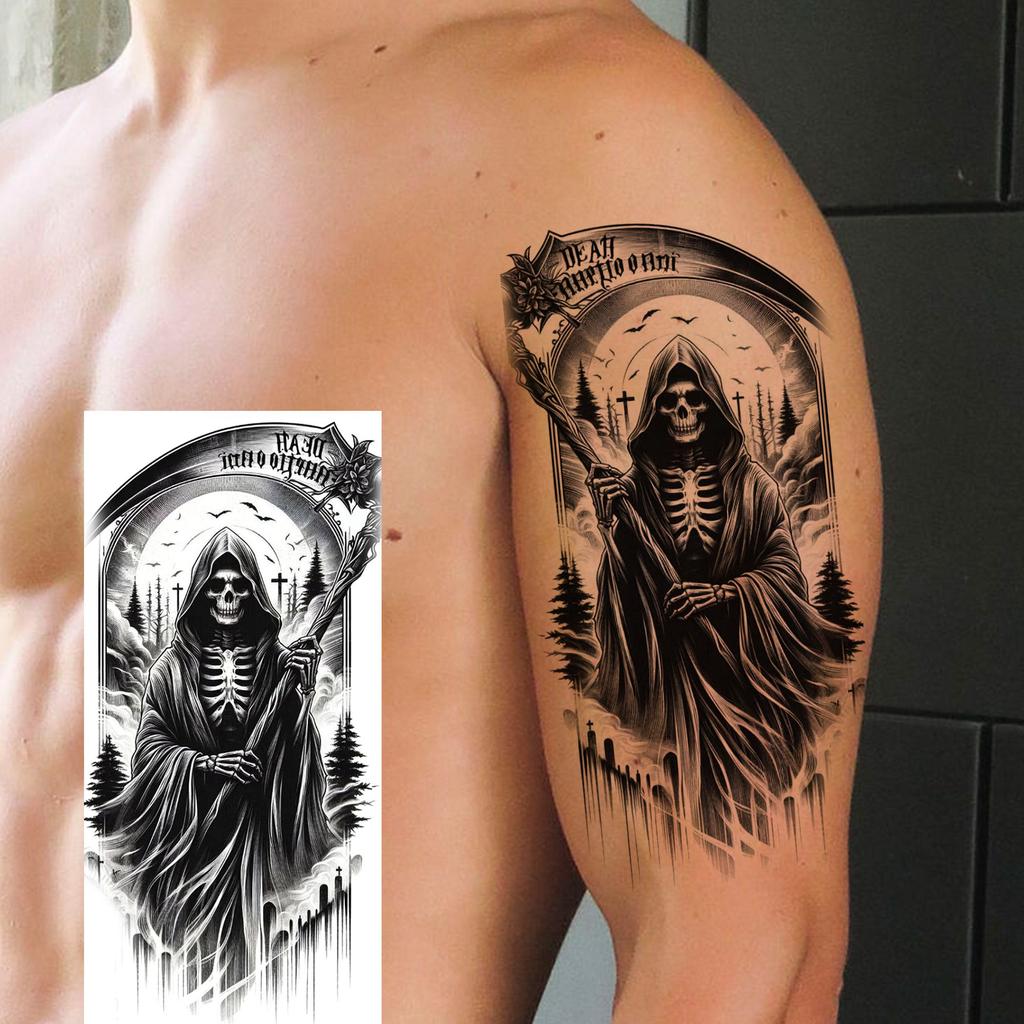1 Blatt Gruseliger Sensenmann Totenkopf Temporäre Tattoos Halloween Tattoos Langlebig Wasserdicht Tiger Wolf Bestie Fake Tattoo Aufkleber