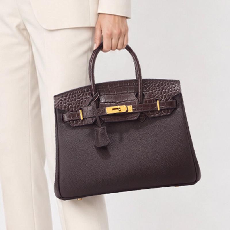 Sac à Bandoulière en Cuir de Vachette Motif Crocodile, Grand Sac à Main Rétro Style Kelly pour Femmes