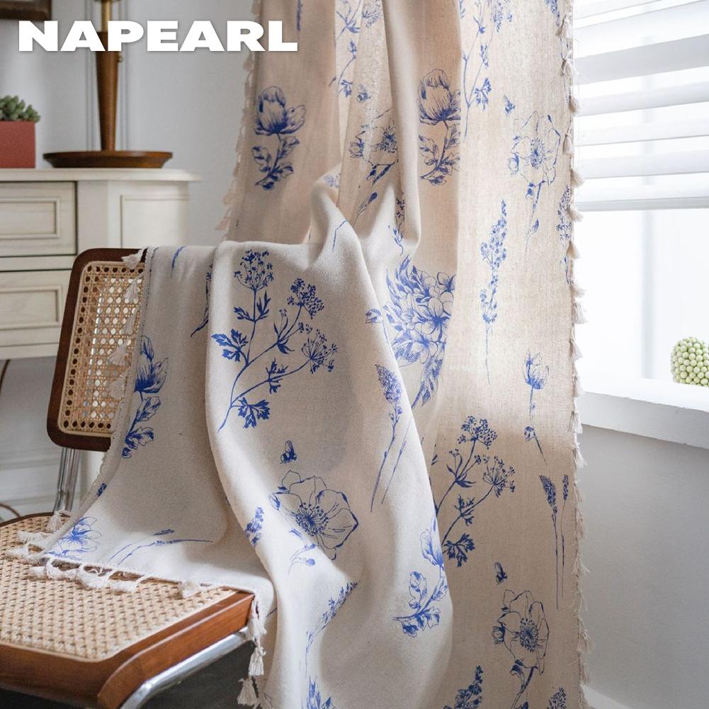 1 szt. NAPEARL Vintage w stylu wiejskim, kwiatowy nadruk, frędzle, półzaciemniająca zasłona na małe okno, do kuchni, sypialni, salonu, na balkon, dekoracja domu