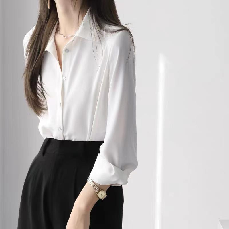 

High-End Women s Long-Sleeve White Shirt - Smooth Fabric, Versatile 2024 Spring Fashion XL