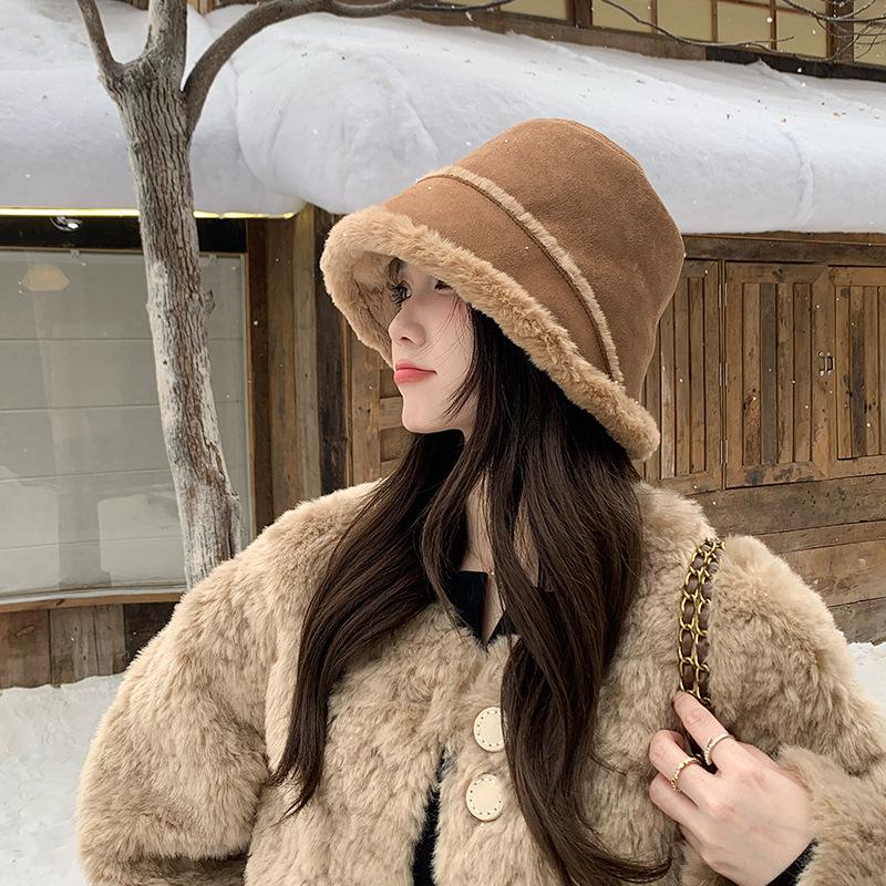 Wildleder Thermobaumwollmütze Damen tragen Plüsch Bucket Hat auf beiden Seiten Nordost Kältebeweis Samt verdickte Ohrenschutzkappe