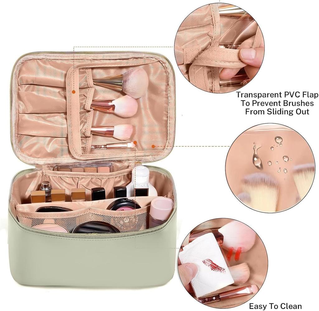Large Capacity Portable Cosmetic Bag Storage Bag with Handle Partition Layer Green 23.8*16.5*12cm