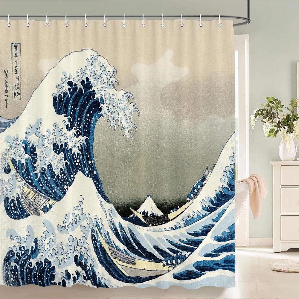 Waterproof Polyester Fabric Shower Curtain Japanese-Style Waves Samurai Landscape 3D Printing Bathroom Decor Shower Curtains