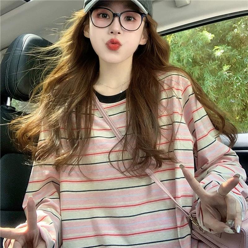 

Женские футболки оверсайз с графическим принтом в полоску в корейском стиле, топы, модные футболки с длинным рукавом для девочек 2XL синий