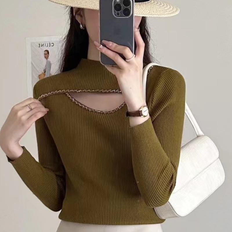 Autumn Half High Collar Hollow Out Pullovers Sweaters Women Slim Fit Winter Clothes Fashion Bottoming Sweater Tops Women Elegant Warm Knitwear 28874
