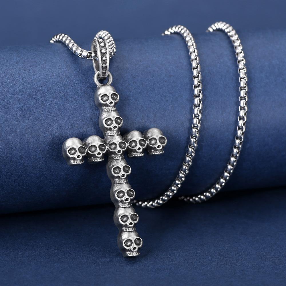 Punk Style Dark Skull Cross Pendant Men's Hip-hop Trend Halloween Jewelry Necklace