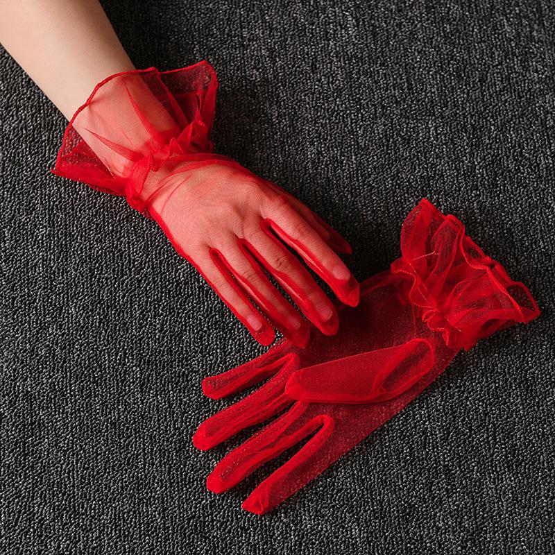 

Женские свадебные перчатки в корейском стиле: Прозрачная сетка, короткое, для оперного бала, черное, белое, красное, розовое — идеально подходит для Хэллоуина или особых случаев. красный